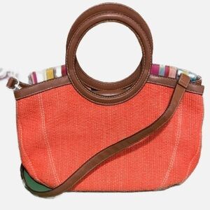 Fossil 1934 Orange Handbag Woven Straw Vegan Leather Satchel Crossbody Strap